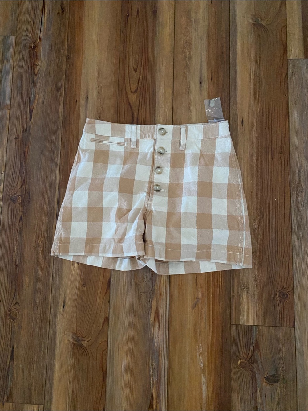 Madewell High-Rise Beige and White Gingham Button-Front Shorts